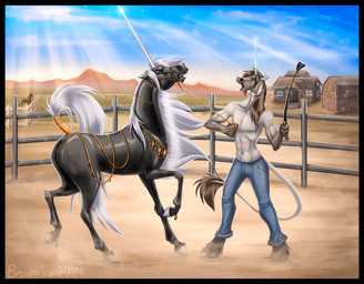 5_fingers abs angry animal_genitalia animal_vulva ankle_jewelry anthro anus barn black_anus black_body black_hooves black_vulva blue_eyes blue_horn bottomwear brown_hair brown_mane brown_tail_tuft building choker clothed clothing denim denim_bottomwear denim_clothing dominant dominant_anthro dominant_male door duo ears_pinned equine_anus equine_genitalia equine_vulva feathering female fence feral fingers fur genitals hair halter hooves horn jeans jewelry leash leash_pull long_horn male mane mountain navel necklace open_mouth orange_eyes outside pants raised_arm raised_leg raised_tail resisting riding_crop stone_wall tail tail_tuft tail_wraps text topless topless_anthro topless_male tuft vulva wall_(structure) whip white_hair white_hooves white_horn white_mane white_tail window wraps brushfire mythology alisian rayne_dal'ren equid equine horse mammal mythological_creature mythological_equine unicorn 2024 artist_name english_text hi_res