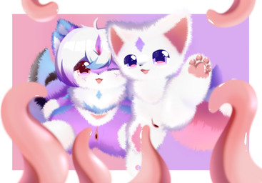 anthro duo female female/female front_view fur genitals horn intersex intersex/female intersex/intersex multicolored_body multicolored_fur open_mouth pink_body pink_fur purple_body purple_eyes purple_fur sex_toy solo spread_legs spreading vaginal vulva white_body white_fur young shiningcanc canid canine domestic_cat felid feline felis fox mammal hi_res