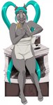 alternate_species anthro appliance apron apron_only barely_visible_nipples blue_hair breasts clothing female grey_body grey_skin hair horn implied_transformation kitchen_appliance kitchen_utensils ladle mostly_nude nipples oven purple_eyes solo tools transformation amara_burrger tenchi_muyo sasami mammal rhinoceros hi_res