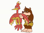 anthro beak blue_eyes brown_body brown_fur duo feathers female fur humor male red_body red_feathers short iro_gomasio banjo-kazooie rareware banjo_(banjo-kazooie) kazooie avian bear bird mammal 4:3 animated no_sound short_playtime webm