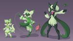 anthro anthrofied bangs breasts clothing dress evolution_(transformation) evolutionary_family female fur gradient_background green_body green_fur medium_breasts open_mouth plantigrade pseudo_clothing pseudo_dress purple_background simple_background transformation unguligrade_anthro year jo-vee-al nintendo pokemon felid feline floragato generation_9_pokemon mammal meowscarada pokemon_(species) sprigatito 16:9 2022 hi_res signature widescreen