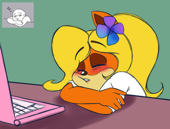accessory anthro black_nose blonde_hair blush clothing computer crossed_arms electronics eyes_closed female flower flower_in_hair fur hair hair_accessory laptop long_hair multicolored_body multicolored_fur orange_body orange_ears orange_fur plant shirt sitting sleeping solo t-shirt tan_body tan_fur three-quarter_view topwear two_tone_body two_tone_fur white_clothing white_shirt white_t-shirt white_topwear 8-bit-britt activision crash_bandicoot_(series) coco_bandicoot bandicoot mammal marsupial 2017 digital_media_(artwork)