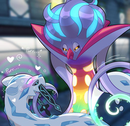 ambiguous_gender blush blush_lines duo eye_contact feral half-closed_eyes heart_symbol hypnosis hypnotic_eyes looking_at_another mind_control motion_lines multicolored_body narrowed_eyes purring rainbow_body ringed_eyes sword_fangs urban_background white_body andyocelot nintendo pokemon pokemon_legends_z-a chien-pao generation_9_pokemon legendary_pokemon mega_evolution mega_malamar pokemon_(species) 2025 hi_res