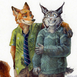 anthro arm_around_shoulders blue_clothing blue_sweater blue_topwear bottomwear brown_bottomwear brown_clothing brown_pants cheek_tuft closed_smile clothed clothing dipstick_ears duo ear_markings facial_tuft front_view fur glistening glistening_eyes green_clothing green_eyes green_topwear grey_body grey_fur grin inner_ear_fluff male male_anthro mouth_closed multicolored_ears neck_tuft necktie orange_body orange_fur pants simple_background smile standing sweater tan_body tan_fur tan_inner_ear_fluff topwear tuft white_background yellow_eyes akatan_art disney zootopia nick_wilde pawbert_lynxley canada_lynx canid canine felid feline fox lynx mammal red_fox true_fox 1:1 2025 dated signature