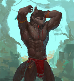 abs anthro athletic athletic_male bathing blue_eyes bottomwear clothed clothing dripping_wet loincloth loincloth_only male muscular muscular_male nipples outside solo tail topless tribal wet neungsonie canid canine canis mammal wolf hi_res