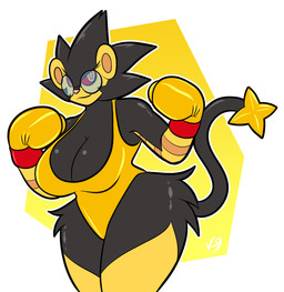 anthro big_breasts boxing_gloves breasts cleavage clothed clothing eyewear female glasses handwear huge_hips simple_background small_waist solo thick_thighs wide_hips vulpinecrew nintendo pokemon generation_4_pokemon luxray pokemon_(species) shiny_pokemon absurd_res hi_res watermark