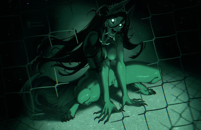 4_toes 5_fingers anthro black_hair bone breast_squish breasts chain-link_fence claws clitoris crouching fangs feet female fence finger_claws fingers fur genitals glistening glistening_body glowing glowing_eyes hair long_hair looking_at_viewer monotone_body monotone_fur night_vision nude nude_anthro nude_female on_ground open_mouth sharp_teeth skull skull_head small_waist solo spread_legs spreading squish tail teeth thick_thighs toe_claws toes vulva white_eyes wide_hips coolpenya scp_foundation scp-1471-a canid malo mammal 2024 digital_media_(artwork) hi_res monochrome