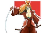 anthro asian_clothing blonde_hair breasts clothing east_asian_clothing fangs female fur hair japanese_clothing katana looking_at_viewer melee_weapon red_body red_clothing red_fur smile solo sword tan_body tan_fur teeth tied_hair weapon zac_impact tamamo_the_terrible canid canine fox mammal hi_res