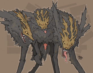 3_heads 4_ears 6_legs anatomically_correct anatomically_correct_genitalia animal_genitalia animal_penis balls bodily_fluids canine_genitalia canine_penis dominant dominant_feral dominant_male dripping erection fangs feral front_view fur genital_fluids genitals glowing glowing_eyes gold_(metal) gold_jewelry grey_body grey_fur jewelry knot knot_root knotted_penis leaking_precum looking_at_viewer male mask multi_ear multi_head open_mouth paws penis precum precum_drip precum_string raised_paw simple_background smile solo standing teeth tongue tongue_out toony tuft hotdogmeat elden_ring elden_ring_nightreign european_mythology fromsoftware greek_mythology mythology gladius_(nightreign) canid canid_demon canine canis cerberus demon hellhound mammal mythological_canine mythological_creature wolf 2025 digital_media_(artwork) hi_res
