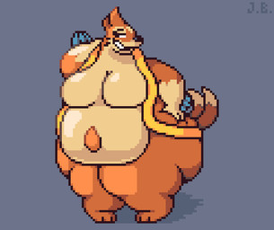 2_tails anthro bedroom_eyes belly belly_overhang big_belly big_breasts big_butt breasts butt featureless_breasts female grey_background hand_on_leg hand_on_thigh hands_behind_head huge_butt huge_hips huge_thighs multi_tail multicolored_body narrowed_eyes nude obese obese_anthro obese_female orange_body overweight overweight_anthro overweight_female pokemorph pose seductive simple_background smile solo standing tail tan_body thick_thighs two_tone_body wide_hips jellybru nintendo pokemon floatzel generation_4_pokemon mammal pokemon_(species) 2024 digital_media_(artwork) full-length_portrait low_res pinup pixel_(artwork) portrait signature