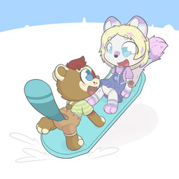 anthro beaver_tail blonde_hair blue_eyes blue_tail brown_body brown_fur clean_diaper clothing diaper duo exposed_diaper female fur hair happy looking_at_another male neonate open_mouth open_smile outside overalls red_hair smile snow snowboard tail white_body white_fur young poofy_eggnog kvikk_(littlekvikk) beaver domestic_cat felid feline felis mammal rodent 1:1 hi_res