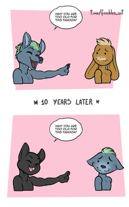 anthro black_body black_fur blonde_hair brown_body brown_fur cheek_tuft dialogue dot_eyes duo ears_down facial_hair facial_tuft fangs floppy_ears fur gesture green_hair grey_body grey_fur hair hand_gesture humor male mature_male open_mouth open_smile pink_background pivoted_ears pointing simple_background simple_eyes smile speech_bubble teeth text tuft two_panel_image freckles_(artist) canid canine canis domestic_cat domestic_dog felid feline felis lagomorph leporid mammal rabbit 2023 5:8 english_text