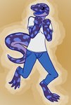 anthro black_sclera bottomwear clothed clothing denim denim_bottomwear denim_clothing excited female jeans long_tail markings mottled open_mouth pants paws pupils shirt simple_background smile solo spots spotted_body spotted_markings spotted_tail tail tail_markings teeth thick_tail topwear v-neck white_pupils dregadude lizard reptile scalie hi_res