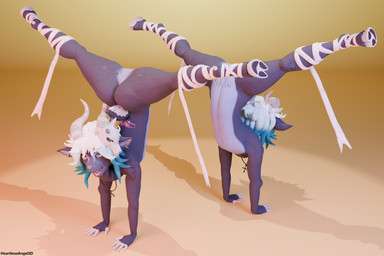 5_fingers anthro bandage bandaged_leg blue_eyes blue_hair bone butt cross cross_necklace featureless_crotch fingers hair handstand heterochromia hooves horizontal_pupils horn jewelry long_hair looking_at_viewer male necklace nude pupils red_eyes simple_background skull skull_hat solo spread_legs spreading tattoo tramp_stamp white_hair yellow_background heartlessangel3d shep_merami bovid caprine goat mammal 2026 3:2 3d_(artwork) blender_(artwork) digital_media_(artwork) hi_res
