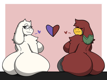 anthro big_butt breasts butt duo female fur hair horn looking_at_viewer mature_female nude red_body simple_background smile thick_thighs white_body white_fur wide_hips enderbendr microsoft minecraft mojang undertale undertale_(series) xbox_game_studios samantha_(endrslendr) toriel boss_monster_(undertale) bovid caprine goat mammal sniffer_(minecraft) 4:3 digital_media_(artwork) hi_res