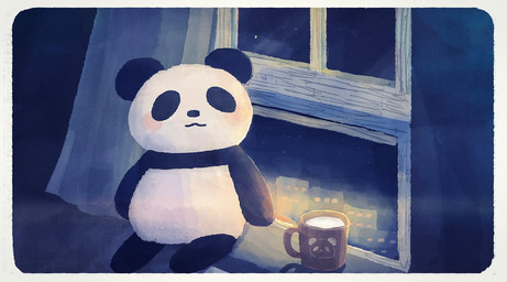 anthro black_body black_fur black_nose blush chibi container cup detailed_background fur kemono night sitting solo white_body white_fur araru bear giant_panda mammal 2021 hi_res