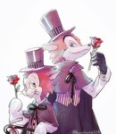 cane cloak clothing duo flower green_eyes hat headgear headwear pattern_clothing plant red_nose ribbons rose_(flower) striped_clothing stripes top_hat whiskers kurokuma824 disney disney's_pinocchio pinocchio canid canine felid feline fox mammal hi_res