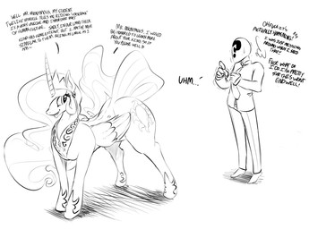 blush cutie_mark duo feathered_wings feathers female feral hair horn long_hair male nervous quadruped sun tail text wings sunibee friendship_is_magic hasbro my_little_pony mythology anon princess_celestia_(mlp) equid equine mammal mythological_creature mythological_equine winged_unicorn black_and_white english_text monochrome