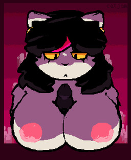 anthro big_breasts black_hair breast_play breasts duo ear_piercing ear_ring female fur genitals hair huge_breasts looking_at_genitalia looking_at_penis male male/female nipples penis piercing ring_piercing sex titfuck white_body white_fur yellow_eyes yellow_sclera catjamn deltarune undertale_(series) catti_cattenheimer felid feline mammal 2022 aliasing digital_media_(artwork)