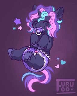 black_body black_fur diaper fangs fur happy horn neonate pacifier teeth young furufoo mythology equid equine mammal mythological_creature mythological_equine unicorn