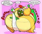 abuse anthro big_butt butt butt_floss butt_towel duo male male/male obese overweight size_difference text toony towel young floofyboyetime mario_bros nintendo bowser_jr. yoshi_(character) green_yoshi koopa scalie yoshi absurd_res english_text hi_res