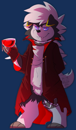 anthro blood bodily_fluids cloak clothing ear_piercing ear_ring fangs glass piercing ring_piercing simple_background solo teeth transparent_background shockstk nintendo pokemon fan_character generation_7_pokemon lycanroc midnight_lycanroc pokemon_(species) vampire 2019 absurd_res alpha_channel hi_res