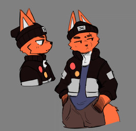 anthro beanie black_beanie black_clothing black_hat black_headwear black_jacket black_topwear blue_clothing blue_shirt blue_topwear bottomwear brown_bottomwear brown_clothing brown_pants clothed clothed_anthro clothed_male clothing countershade_neck countershading eyebrow_piercing eyebrow_slit eyebrows facial_piercing front_view fur furgonomic_beanie furgonomic_hat furgonomic_headwear furgonomics grey_background hand_in_pocket hat headgear headwear jacket looking_aside male male_anthro mouth_closed orange_body orange_ears orange_fur orange_tail pants piercing pockets shirt simple_background solo tail topwear white_body white_countershading white_fur white_inner_ear white_sclera derpyfox_36 derpyfox_36_(fursona) canid canine fox mammal 2023 digital_drawing_(artwork) digital_media_(artwork) portrait