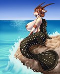 2018 ade antelope anthro big_breasts black_body bovid breasts brown_eyes brown_hair brown_horn brown_nipples closed_smile dated female glistening glistening_eyes hair hi_res horn huge_breasts hybrid mammal marine merfolk mouth_closed nipples nude side_view signature sitting slight_smile smile solo split_form tan_body tiggybloom water