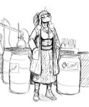 anthro barrel bottomwear breasts chemical_symbol chemicals chemistry cleavage clothed clothing coat eyewear female footwear fully_clothed goggles hair hand_in_pocket hands_in_both_pockets jewelry lab_coat laboratory long_skirt messy_hair necklace pockets scientist shoes skirt smile sneakers solo topwear hladilnik mrs._poodle_(hladilnik) canid canine canis domestic_dog mammal poodle 2021 5:6 hi_res monochrome sketch