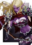 2024 absurd_res armor big_breasts bikini_armor blizzard_entertainment blonde_hair bone bow_(weapon) breasts elf elola feathers female hair hi_res high_elf humanoid humanoid_pointy_ears japanese_text looking_at_viewer navel not_furry purple_body purple_skin ranged_weapon red_eyes simple_background skull skull_accessory solo sylvanas_windrunner text unconvincing_armor undead warcraft weapon white_background