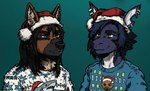 anthro black_body black_fur black_hair black_nose blue_body blue_eyes blue_hair brown_body brown_fur christmas_clothing christmas_headwear christmas_sweater christmas_topwear clothing ear_piercing ear_ring festive fur german hair hat headgear headwear heterochromia holidays long_hair male orange_eyes piercing ring_piercing santa_hat shepherd sweater tan_body tan_fur topwear white_body dwcmarshalarts christmas afevis_(character) keller_(kellervo) canid canine canis domestic_dog fish german_shepherd herding_dog mammal marine pastoral_dog shark 2023 digital_media_(artwork) hi_res