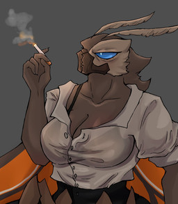 4_arms angry anthro big_breasts blue_eyes breasts cleavage clothed clothing female huge_breasts mandibles multi_arm multi_limb office_clothing shirt smoking solo topwear unbuttoned_shirt wings spicepumpkinlou godzilla_(series) monsterverse mothra_(series) toho mothra arthropod insect kaiju lepidopteran moth hi_res