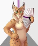 anthro breasts brown_body brown_fur claws countershading demisexual_pride_colors ear_tuft featureless_breasts featureless_crotch female folding_fan fur green_eyes hand_on_hip holding_object inner_ear_fluff lgbt_pride looking_at_viewer markings paws pink_nose pride_colors simple_background solo spots spotted_body spotted_markings tan_body tan_fur tuft energyvector ronja_lo felid feline lynx mammal artist_name hi_res watermark