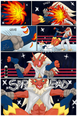 accessory anthro blue_body blue_eyes blue_fur champion_belt claws clothing confrontation duo feet fight fighting_ring fire fur jewelry kick leg_grab male male/male mega_stone necklace paws red_body red_eyes red_fur scar spread_legs spreading talons toes tongue tongue_out versus white_body white_fur wrestling_belt yellow_body yellow_fur yellow_sclera freetao nintendo pokemon blaziken cinderace generation_3_pokemon generation_8_pokemon pokemon_(species) absurd_res comic hi_res