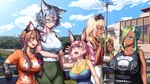 animal_arms big_breasts blonde_hair blue_eyes blush braided_hair breasts brown_hair building clothing cloud day ear_piercing ear_ring electronics eyewear female fence food glasses green_eyes green_hair group hair long_hair open_mouth outside phone piercing pink_hair ring_piercing road sharp_teeth shirt short_hair size_difference smile tank_top teeth text text_on_clothing text_on_shirt text_on_tank_top text_on_topwear topwear water nekoarashi asagaya_rin morinobe_hiyori shinonome_hanabi toyosaka_momo yagatake_arashi animal_humanoid bovid bovid_humanoid bovine bovine_humanoid cat_humanoid cattle_humanoid felid felid_humanoid feline feline_humanoid humanoid mammal mammal_humanoid 16:9 2017 english_text hi_res widescreen