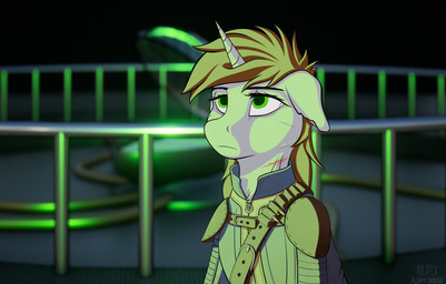 3d_background alternate_universe bandolier belt clothing eye_bags female feral green_eyes horn jumpsuit leather leather_strap looking_up scar shoulder_pads solo straps tired tired_eyes fluffyorbiter blade_runner_2049 fallout_equestria hasbro my_little_pony mythology fan_character littlepip equid equine horse mammal mythological_creature mythological_equine pony unicorn hi_res