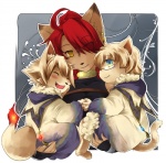 anthro art_nouveau blush cuddling eyewear female glasses group male smile tail young young_anthro kubikitsune canid canine domestic_cat felid feline felis fox mammal