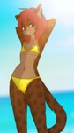 ambiguous_gender anthro bikini clothed clothing gold_bikini hair lens_flare looking_at_viewer red_eyes red_hair smile solo swimwear tail two-piece_swimsuit kawaoneechan kawa felid felin mammal 2023 absurd_res digital_media_(artwork) hi_res