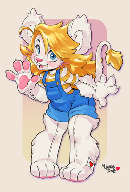 ambiguous_gender anthro barefoot blonde_hair buckteeth clothing feet hair open_mouth overalls pattern_clothing pattern_shirt pattern_topwear pawpads plushie seam_(sewing) shirt simple_background smile solo standing striped_clothing striped_shirt striped_topwear stripes tail teeth topwear white_body mousedoll animate_inanimate living_plushie mammal rodent 2025 absurd_res digital_media_(artwork) hi_res