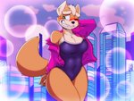 abstract_colors anthro awkward awkward_smile big_breasts black_nose blush breasts bubble bulge city city_background cleavage clothed clothing cloud crossgender curvy_figure eyebrows female fluffy fluffy_tail fur hair hand_behind_neck jacket mohawk mtf_crossgender nervous nervous_smile one-piece_swimsuit one_eye_closed orange_body orange_fur sharp_teeth small_waist solo swimwear tail tan_body tan_fur tan_hair teeth thick_eyebrows thick_thighs topwear voluptuous wide_hips wink dracojeff nintendo star_fox fox_mccloud canid canine fox mammal 4:3