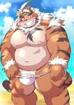 anthro belly blush bulge clothed clothing eyebrows genitals humanoid_hands kemono male moobs musclegut muscular muscular_anthro muscular_male nipples outside overweight overweight_anthro overweight_male penis pubes solo swimwear thick_eyebrows topless topless_male ayame42612 lifewonders tokyo_afterschool_summoners hombre_tigre_(tas) felid mammal pantherine tiger 2020 hi_res