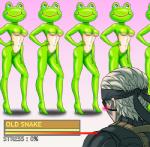 anthro blush breasts clothing elderly eye_patch eyewear female footwear gradient_background green_body green_skin group hair hand_on_hip high_heels humor kerchief kerotan looking_away male meter parody shoes simple_background smile text what white_hair beast-gamer's_sigh konami metal_gear haven_trooper solid_snake amphibian frog human mammal english_text low_res