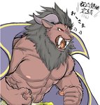 abs black_mane brown_body brown_fur claws clothed clothing fur horn male mane muscular muscular_male nipples pawpads pecs red_eyes robe solo text topless tusks mizuno_fitz sacrificial_princess_and_the_king_of_beasts leonhart felid lion mammal pantherine hi_res japanese_text