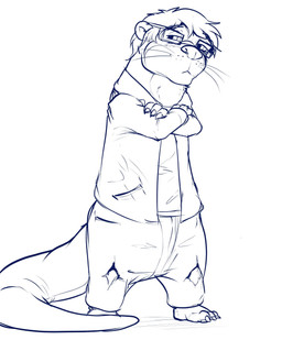 anthro bottomwear claws clothed clothed_anthro clothing crossed_arms eyewear feet frown fur glasses hair male otter_tail pants semi-anthro simple_background solo standing tail wearing_glasses whiskers white_background pandottermon mammal mustelid otter 2026 black_and_white hi_res monochrome