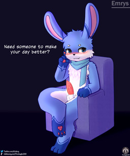 anthro balls blush claws fangs furniture genitals knot male paws penis rabbit_ears scarf sitting sofa solo teeth text senz emrys_(senz) lagomorph leporid mammal rabbit absurd_res english_text hi_res url