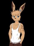 2016 3:4 alpha_channel anthro areola blue_eyes bottomwear clothed clothing ear_piercing frown fully_clothed fur hand_in_pocket hands_in_both_pockets lagomorph leporid looking_at_viewer male mammal muscular muscular_anthro muscular_male pants piercing pockets rabbit repeat_(visual_novel) shirokoi shirt simple_background sissel_(repeat) solo tan_body tan_fur tank_top tattoo topwear torn_clothing transparent_background