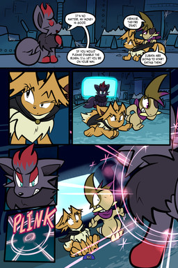 6_panel_comic ambiguous_gender bandage black_cape black_clothing black_eyes black_nose black_text blue_eyes brown_body brown_fur brown_hair cape clothing dialogue exclamation_point eye_patch eyebrows eyelashes eyes_closed eyewear feral fluffy fluffy_tail fur group hair inner_ear_fluff kerchief looking_at_another looking_back neck_tuft one_eye_obstructed open_mouth open_smile page_number paws purple_eyes purple_kerchief quadruped smile sound_effects speech_bubble tail talking_to_another text toony trio tuft tusks white_sclera virmir nintendo pokemon virmir_(character) zinc_(zincxiron) axew eevee generation_1_pokemon generation_5_pokemon pokemon_(species) zorua 2026 2:3 absurd_res comic english_text hi_res signature male_(lore)