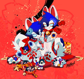 anthro barely_visible_genitalia barely_visible_penis bell bell_collar blue_hair collar denden-daiko doll duo flaccid floral_pattern floral_print fur genitals hair inuhariko looking_aside male male_anthro mostly_nude mostly_nude_anthro mostly_nude_male navel pattern_background penis pillow red_background red_inner_ear simple_background sitting tail white_body white_fur kuroblood canid canine canis domestic_dog mammal 2016 dated japanese_description signature