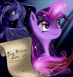 blue_body blue_fur blue_hair crown duo feathered_wings feathers female feral fur hair headgear horn letter long_hair loose_feather magic multicolored_hair purple_body purple_eyes purple_fur purple_hair quill royalty scroll two_tone_hair wings kinglyms friendship_is_magic hasbro my_little_pony mythology princess_luna_(mlp) twilight_sparkle_(mlp) equid equine mammal mythological_creature mythological_equine unicorn winged_unicorn 2013