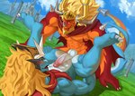 abs anal anthro balls blonde_hair blue_body blue_skin duo genitals hair humanoid_genitalia humanoid_penis male male/male muscular muscular_anthro muscular_male non-mammal_balls orange_body orange_skin pecs penis tail pandarita bushiroad future_card_buddyfight mythology drum_bunker_dragon qinus_axia dragon mythological_creature mythological_scalie scalie absurd_res hi_res